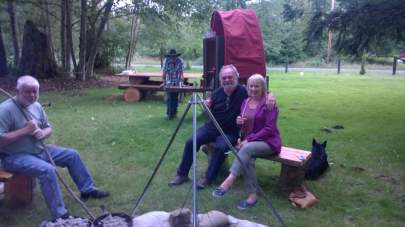 Guests from Europe Enjoying Peach Cobbler from the dutch oven